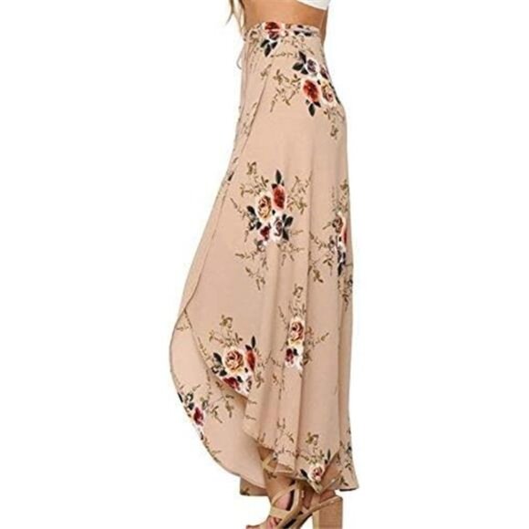 Boho Nude Floral Print Tie Waist Wrap Maxi Skirt Leg Slit Flowy Skirt Cover Up - Picture 4 of 10